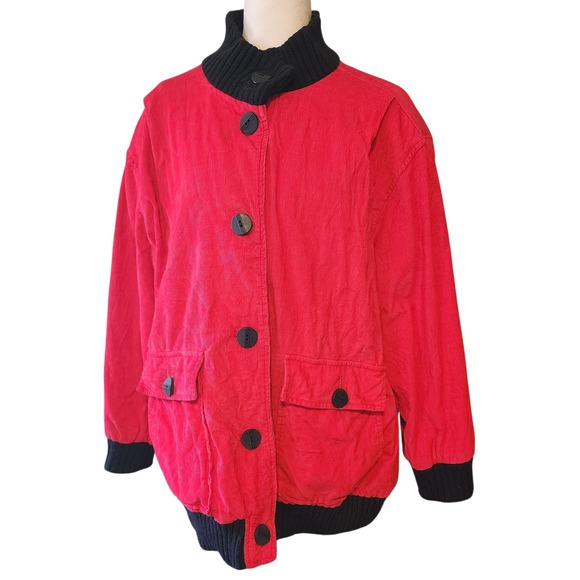VTG Sportswork Red Corduroy Womens Jacket Large Plaid Lined Button Up Coat - Picture 1 of 10